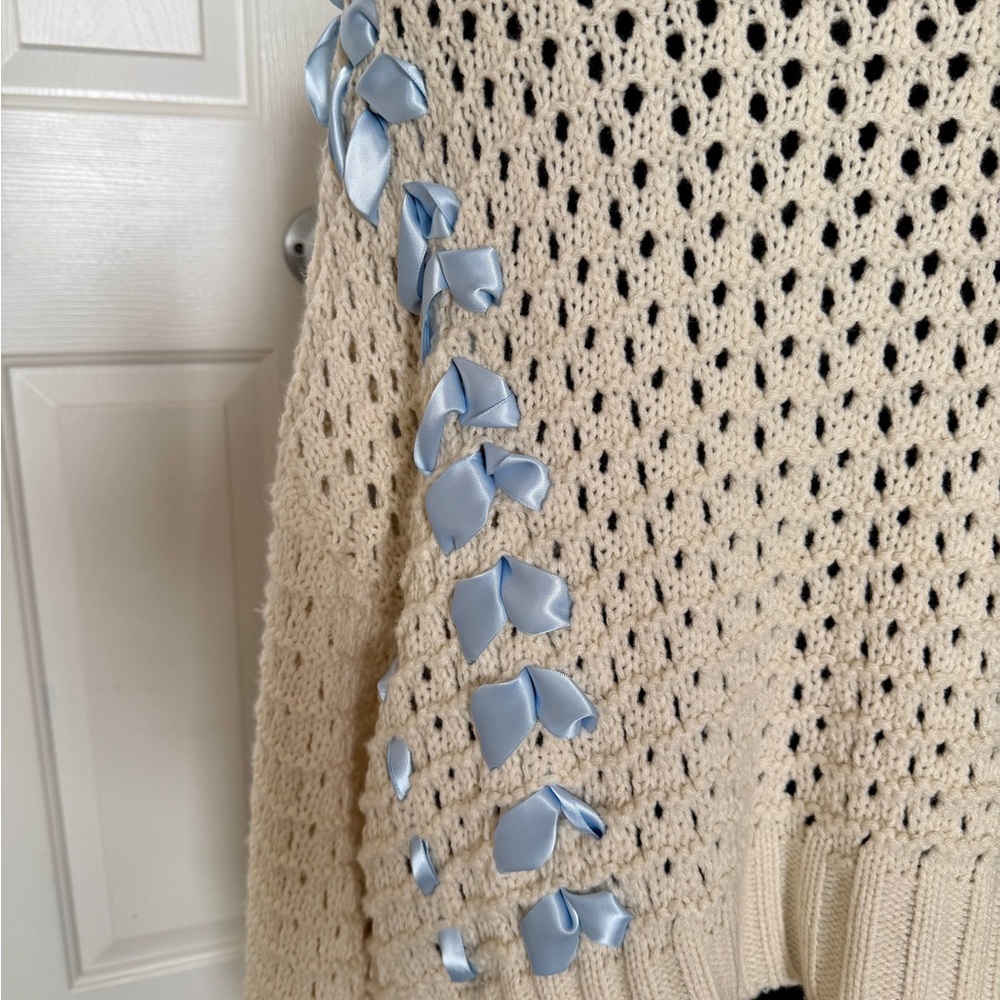 Altar’d State Cream Open Knit Cardigan Blue Ribbon Lace-Up Boho - Picture 5 of 7